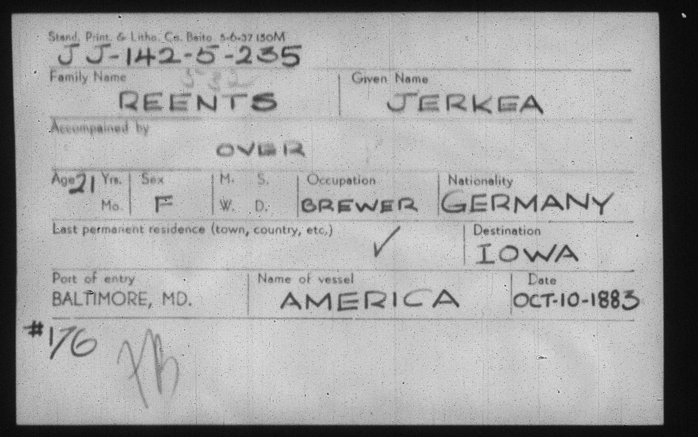 Frerichs Reents, Yevkea immigration 1883