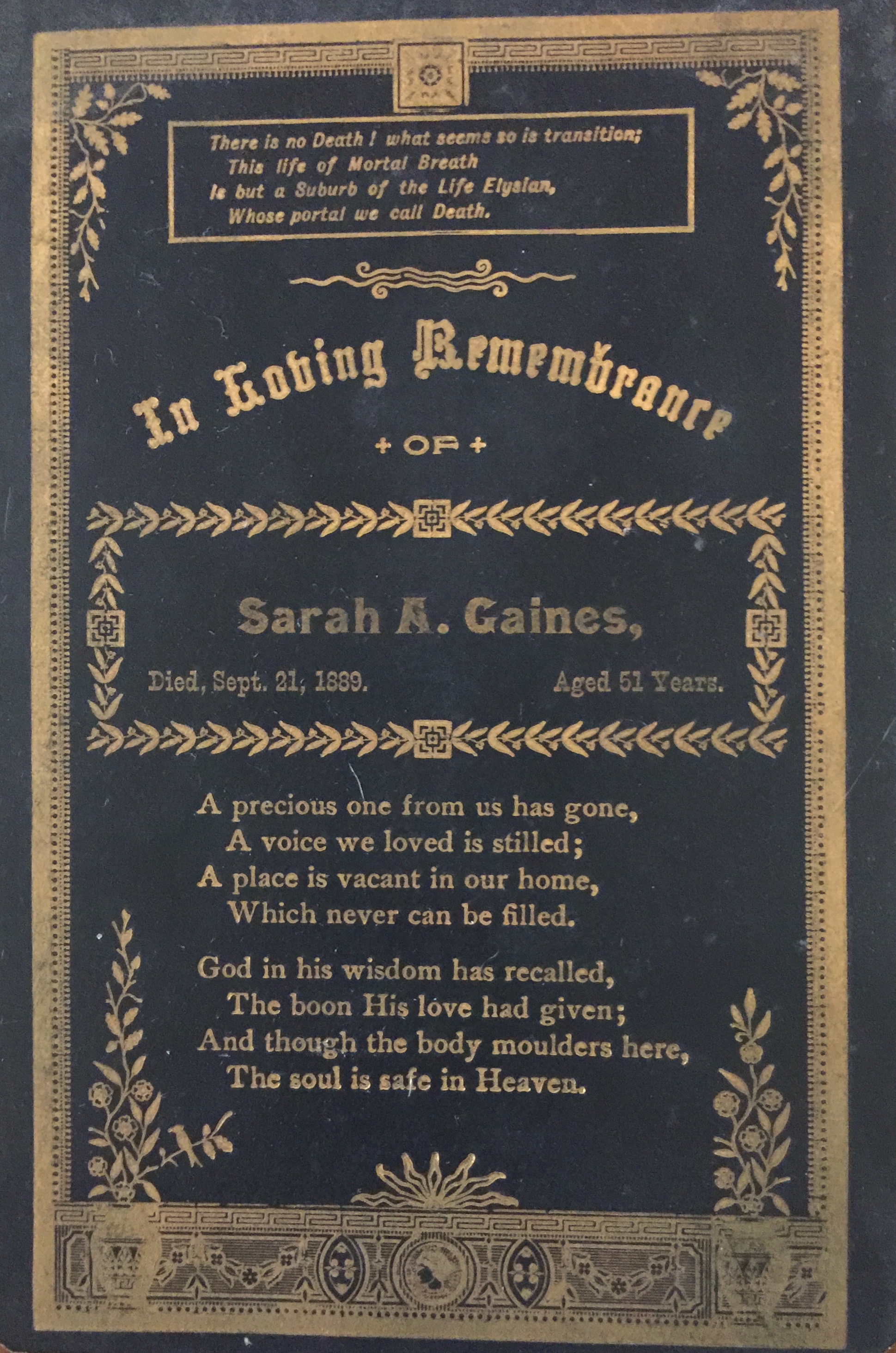 Swain, Sarah 1889 funeral card
