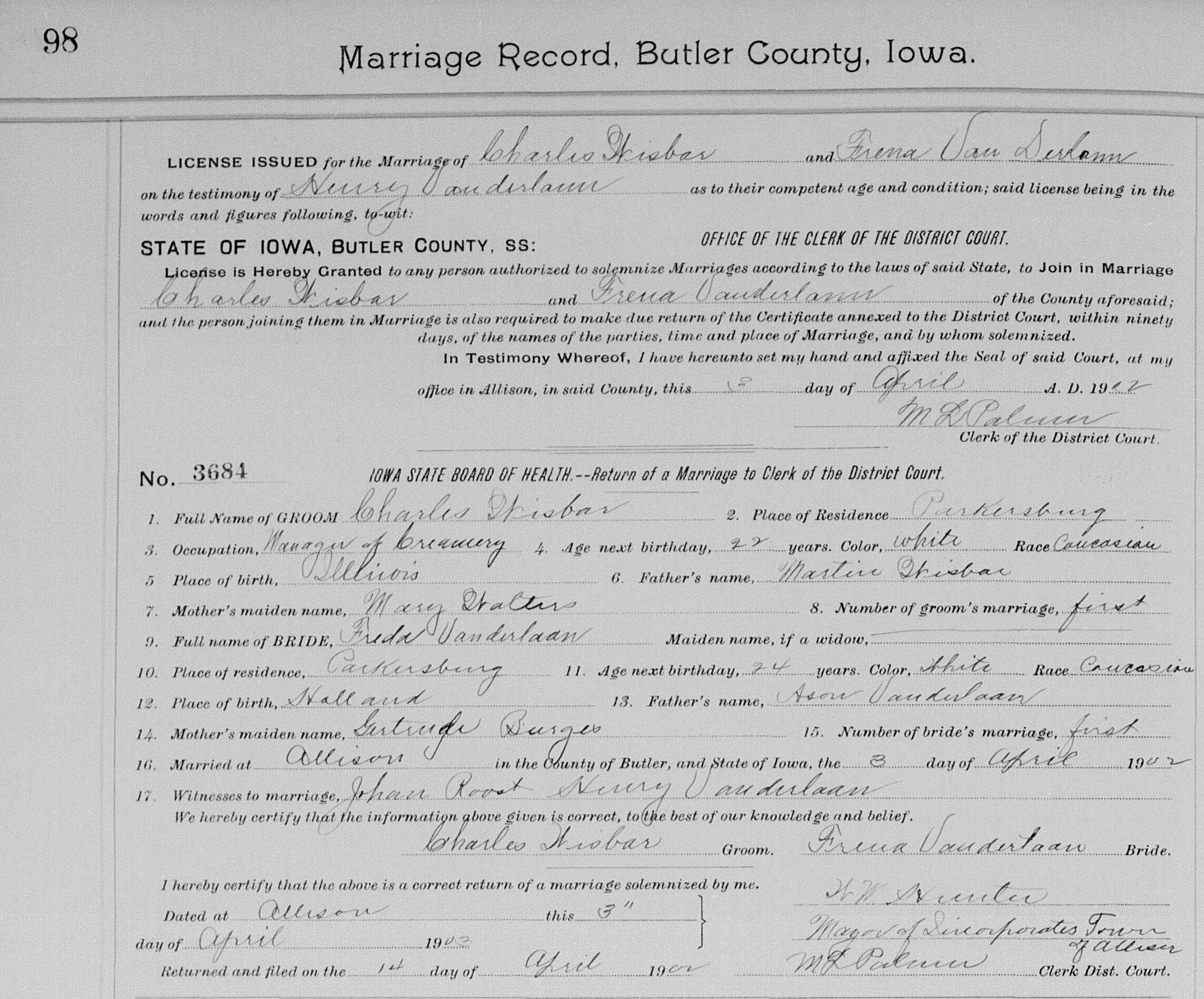 Wisbar, Charles and Trena Vanderlaan 1902 marriage 2