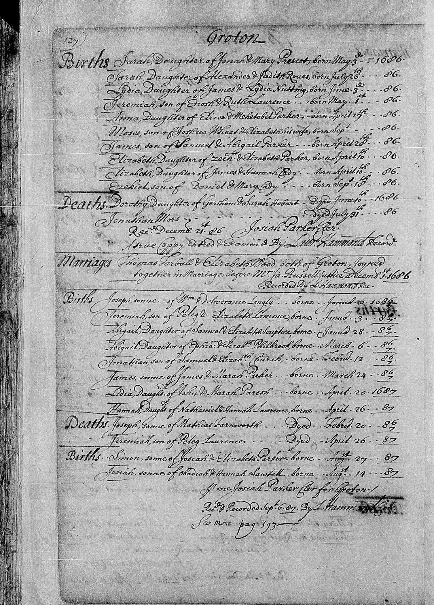 Parrish, Lydia 1687 birth register