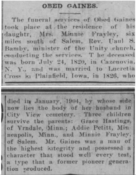 Gaines, Obed obituary newspaper clipping