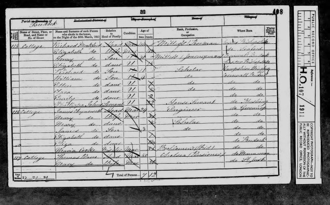 1851 Budock England census Mockfords and Phillipa