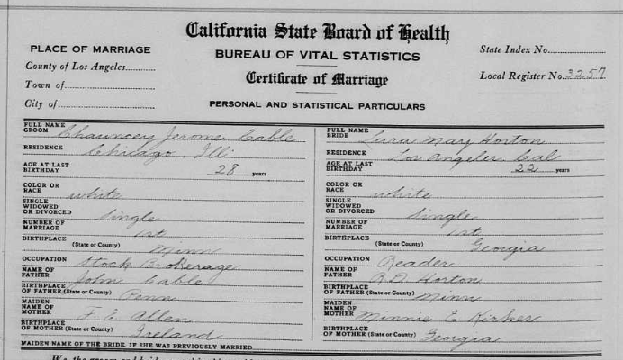 Cable, Jerome and Lura Horton marriage