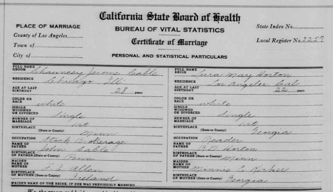 Cable, Jerome and Lura Horton marriage