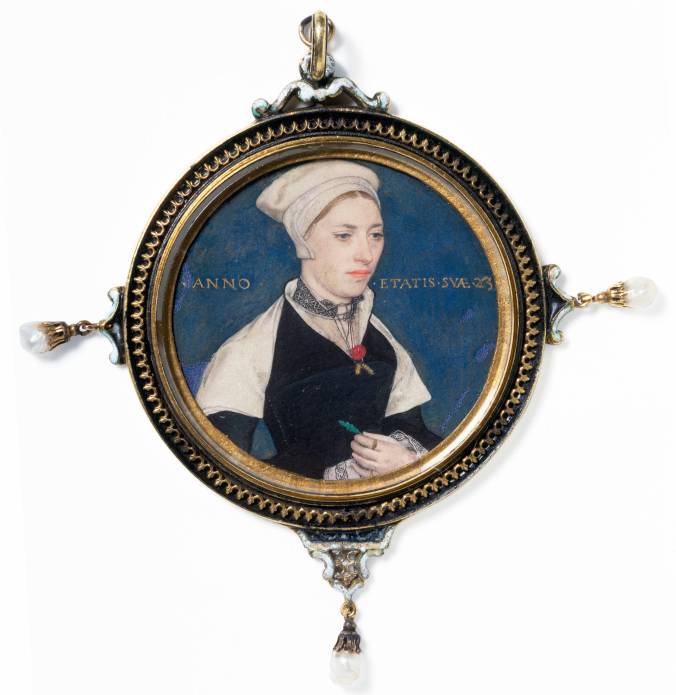 Mrs Jane Small, portrait miniature, by Hans Holbein the younger, about 1540. A woman faces right she's wearing a black dress with a white head covering, wearing a carnation, a ring and holding a small stem.